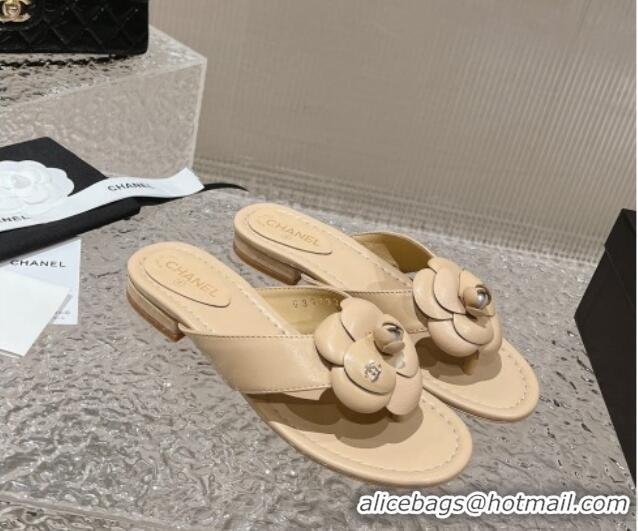 Good Quality Chanel Calfskin Camellia Flat Thong Slide Sandals Nude 719101