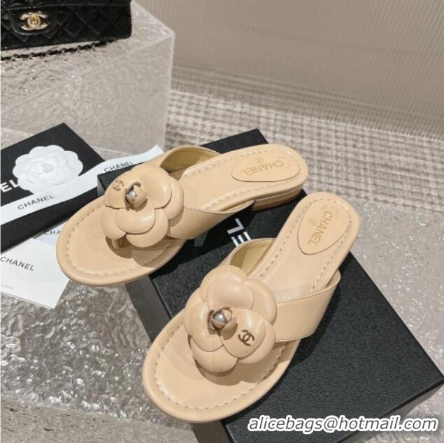 Good Quality Chanel Calfskin Camellia Flat Thong Slide Sandals Nude 719101