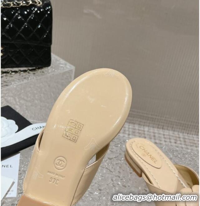 Good Quality Chanel Calfskin Camellia Flat Thong Slide Sandals Nude 719101