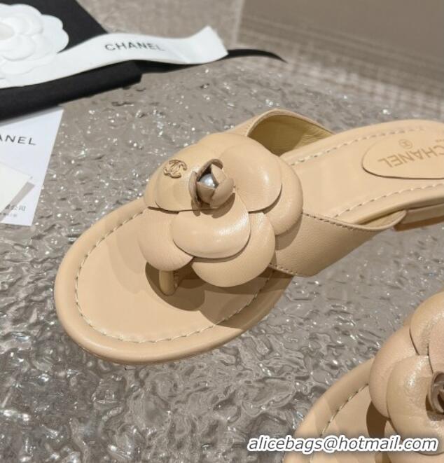 Good Quality Chanel Calfskin Camellia Flat Thong Slide Sandals Nude 719101