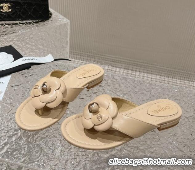 Good Quality Chanel Calfskin Camellia Flat Thong Slide Sandals Nude 719101