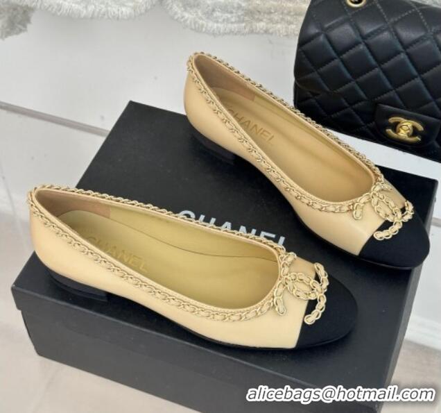 Good Quality Chanel Lambskin Ballet Flat with Chain CC Beige 719105