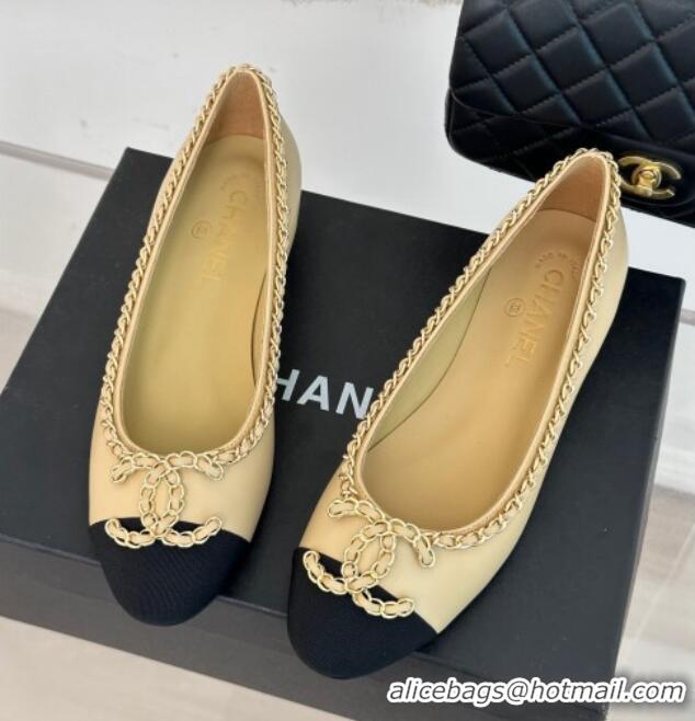 Good Quality Chanel Lambskin Ballet Flat with Chain CC Beige 719105