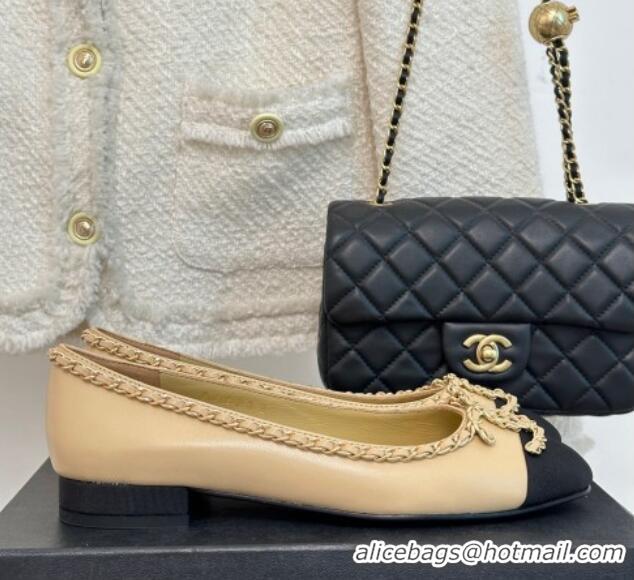 Good Quality Chanel Lambskin Ballet Flat with Chain CC Beige 719105