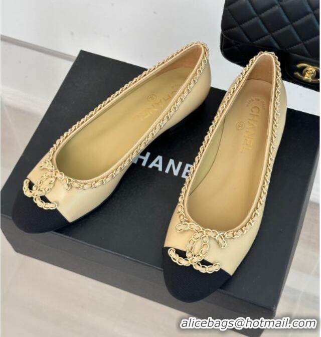 Good Quality Chanel Lambskin Ballet Flat with Chain CC Beige 719105