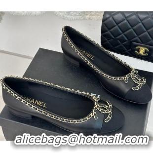 Stylish Chanel Lambskin Ballet Flat with Chain CC Black 719106