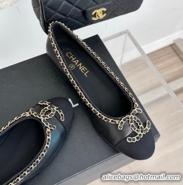 Stylish Chanel Lambskin Ballet Flat with Chain CC Black 719106