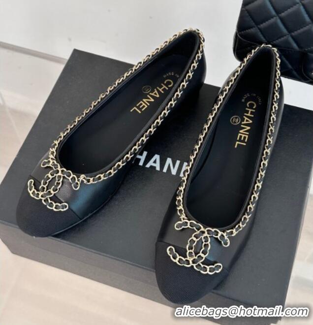 Stylish Chanel Lambskin Ballet Flat with Chain CC Black 719106