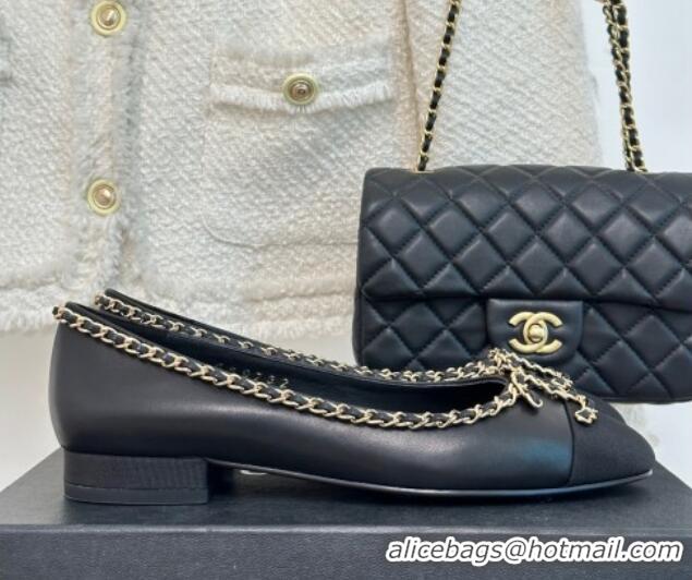 Stylish Chanel Lambskin Ballet Flat with Chain CC Black 719106