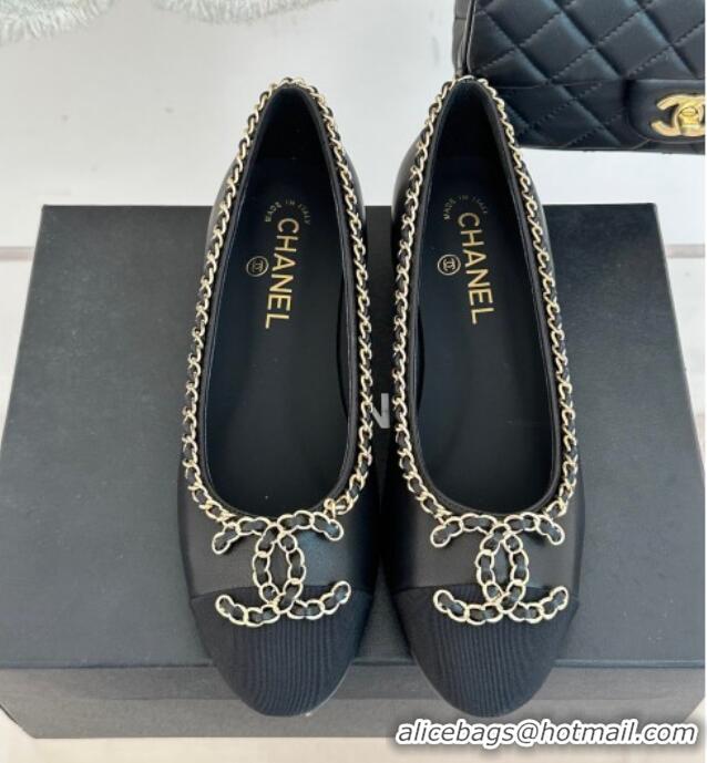 Stylish Chanel Lambskin Ballet Flat with Chain CC Black 719106