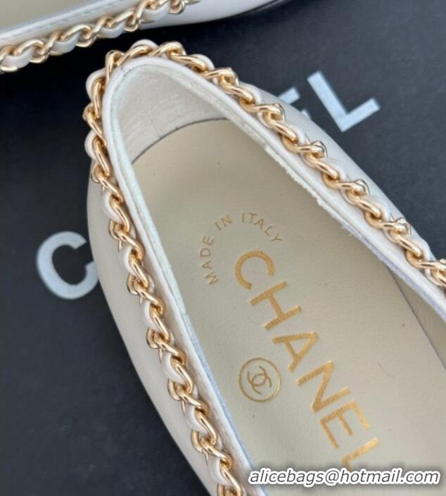 Stylish Chanel Lambskin Ballet Flat with Chain CC White 719107