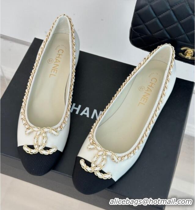 Stylish Chanel Lambskin Ballet Flat with Chain CC White 719107