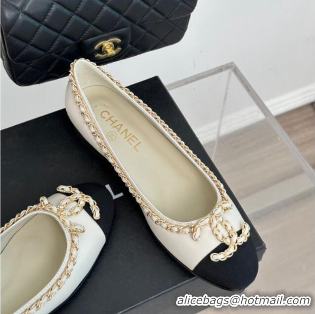 Stylish Chanel Lambskin Ballet Flat with Chain CC White 719107