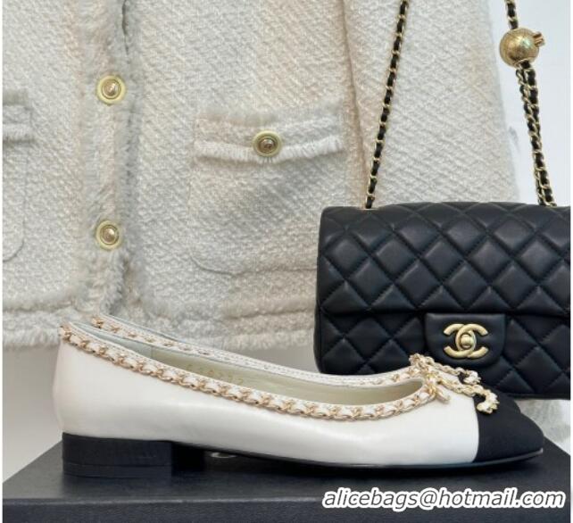 Stylish Chanel Lambskin Ballet Flat with Chain CC White 719107