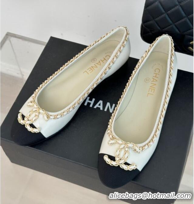 Stylish Chanel Lambskin Ballet Flat with Chain CC White 719107