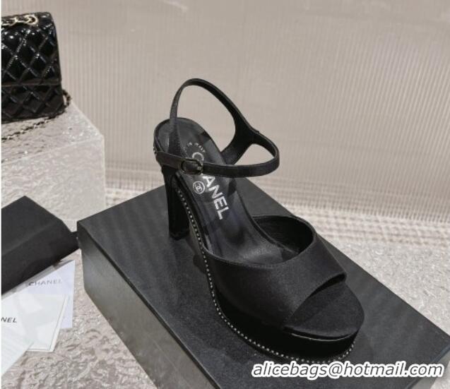 Good Looking Chanel Satin High Heel Sandals Black 719112