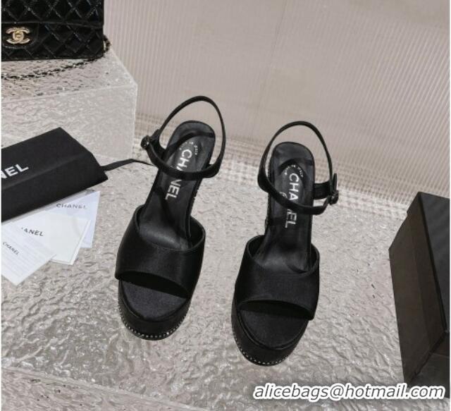 Good Looking Chanel Satin High Heel Sandals Black 719112