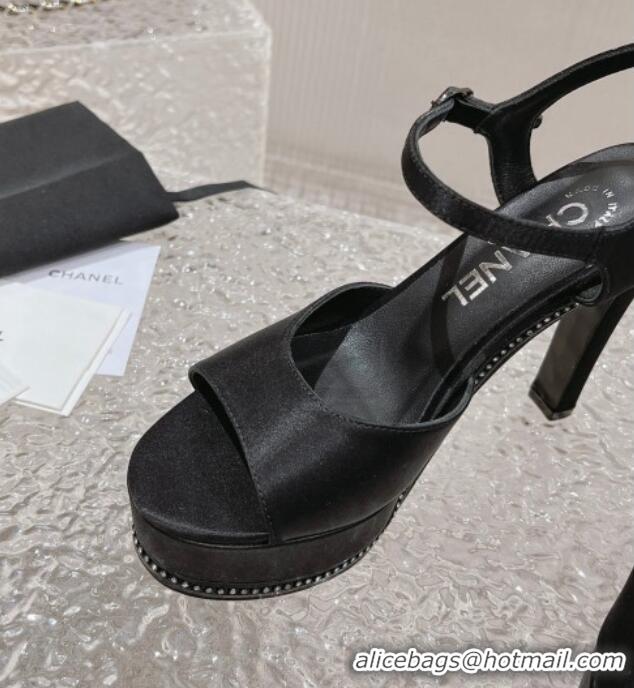 Good Looking Chanel Satin High Heel Sandals Black 719112