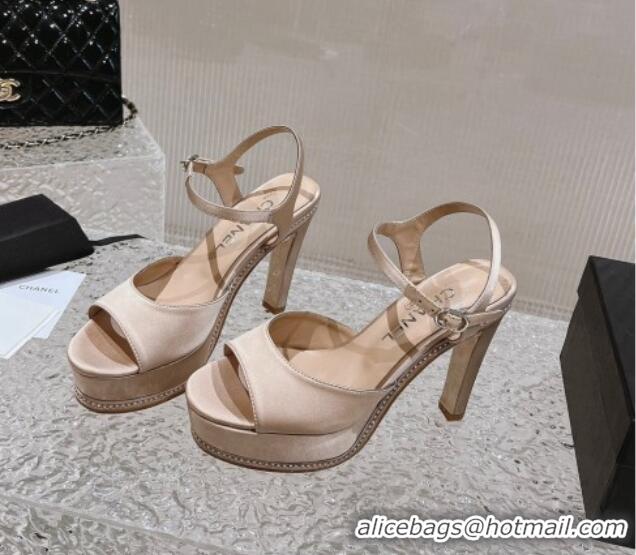 Luxurious Chanel Satin High Heel Sandals Nude 719113