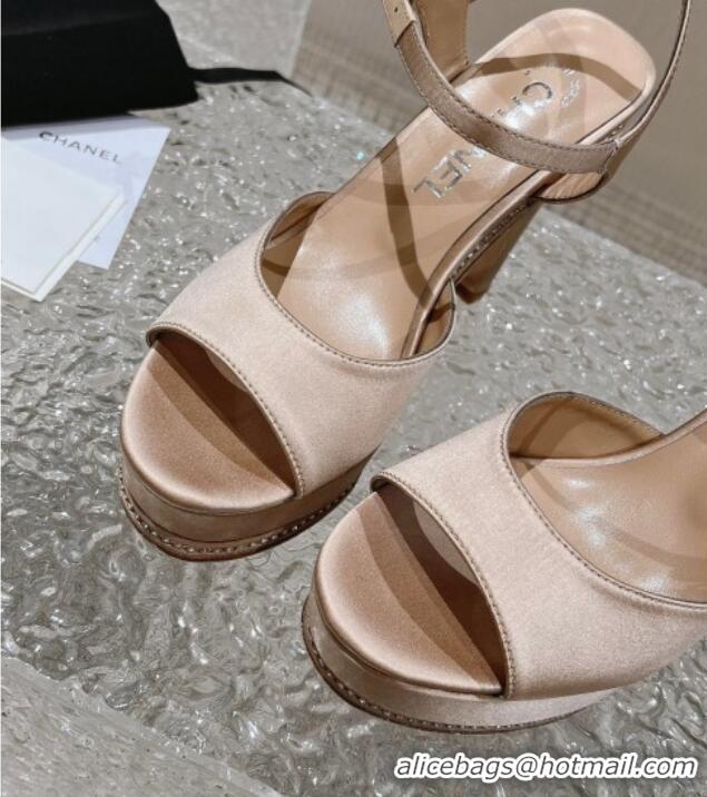 Luxurious Chanel Satin High Heel Sandals Nude 719113