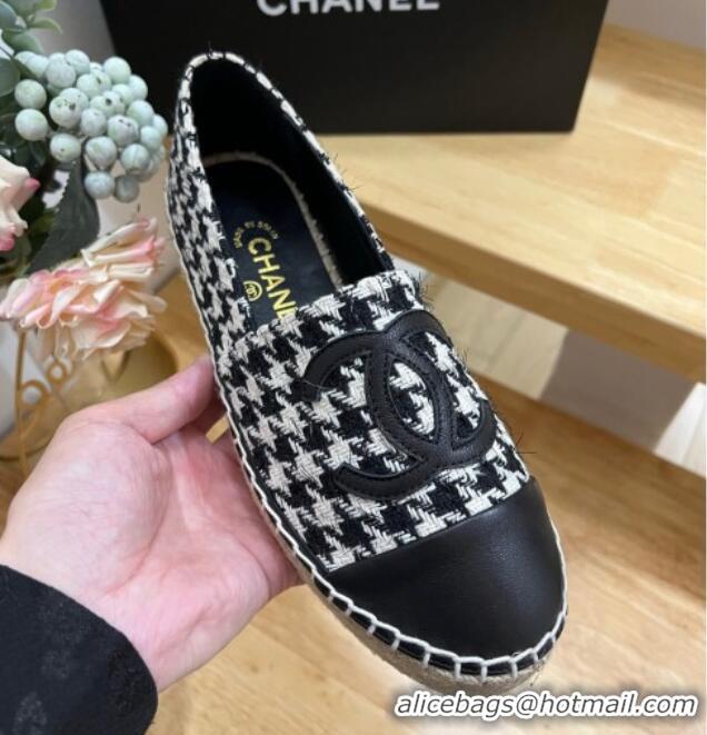 Luxury Chanel Houndtooth Tweed Espadrilles Black/White 719114