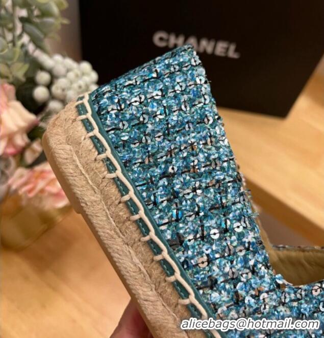 Unique Style Chanel Sequins Tweed Espadrilles Blue/Green 719116