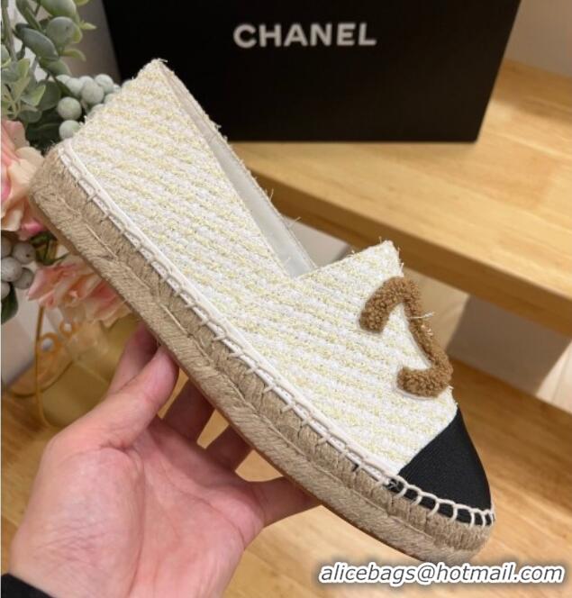 Luxury Discount Chanel Tweed Espadrilles White/Gold 719117