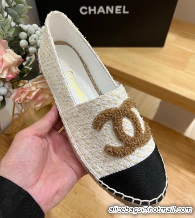 Luxury Discount Chanel Tweed Espadrilles White/Gold 719117