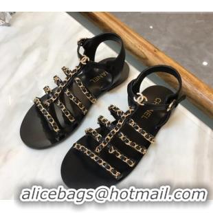 Sumptuous Chanel Lambskin Strap Flat Sandals with Chain Black 719118