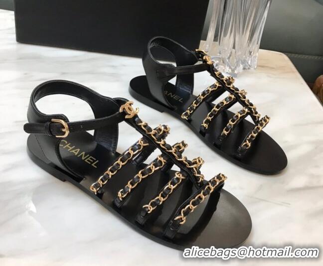 Sumptuous Chanel Lambskin Strap Flat Sandals with Chain Black 719118