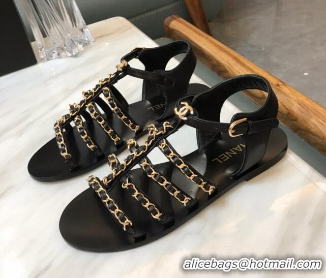 Sumptuous Chanel Lambskin Strap Flat Sandals with Chain Black 719118