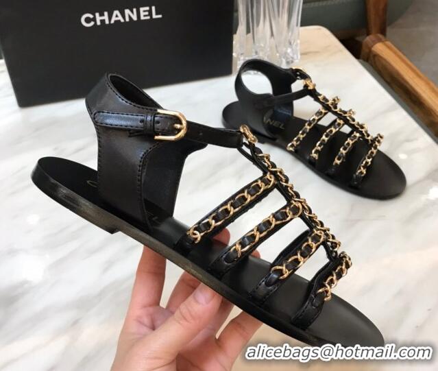 Sumptuous Chanel Lambskin Strap Flat Sandals with Chain Black 719118