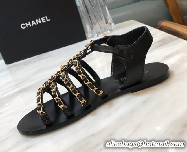 Sumptuous Chanel Lambskin Strap Flat Sandals with Chain Black 719118