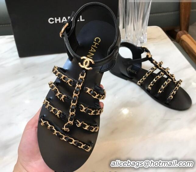 Sumptuous Chanel Lambskin Strap Flat Sandals with Chain Black 719118