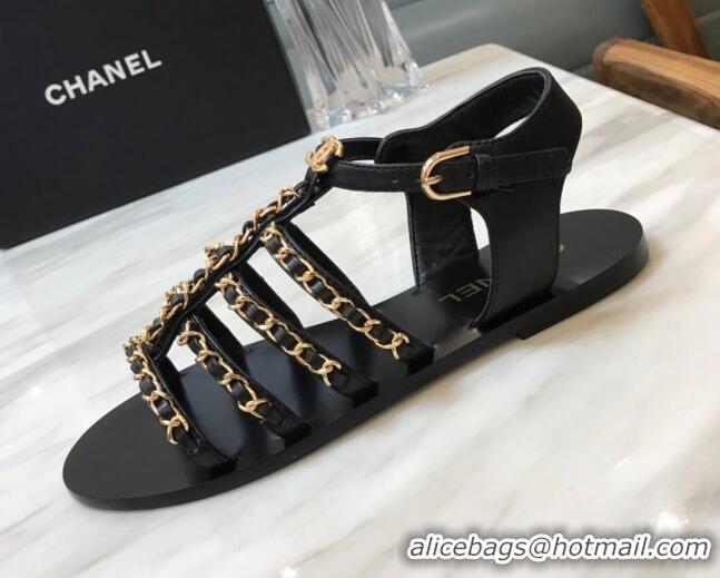 Sumptuous Chanel Lambskin Strap Flat Sandals with Chain Black 719118