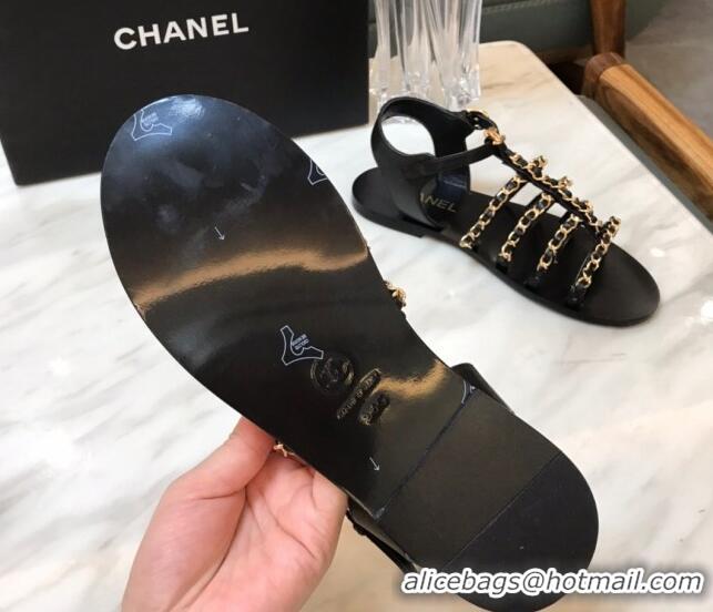 Sumptuous Chanel Lambskin Strap Flat Sandals with Chain Black 719118