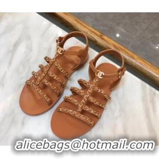 Luxury Chanel Lambskin Strap Flat Sandals with Chain Brown 719120