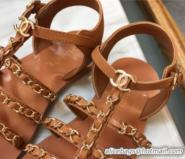 Luxury Chanel Lambskin Strap Flat Sandals with Chain Brown 719120