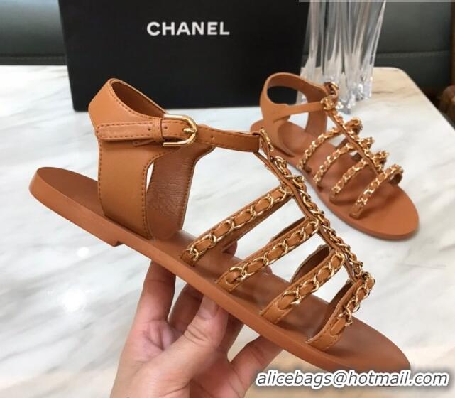 Luxury Chanel Lambskin Strap Flat Sandals with Chain Brown 719120