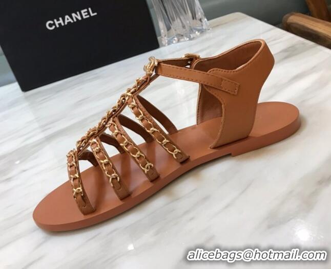 Luxury Chanel Lambskin Strap Flat Sandals with Chain Brown 719120