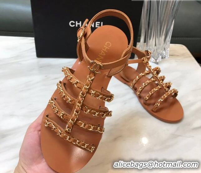 Luxury Chanel Lambskin Strap Flat Sandals with Chain Brown 719120