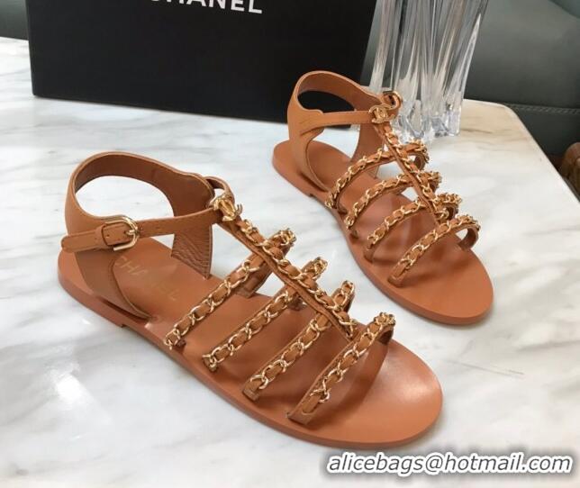 Luxury Chanel Lambskin Strap Flat Sandals with Chain Brown 719120