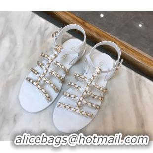 Charming Chanel Lambskin Strap Flat Sandals with Chain White 719121