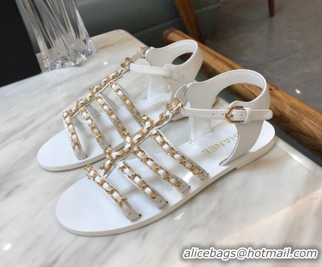 Charming Chanel Lambskin Strap Flat Sandals with Chain White 719121