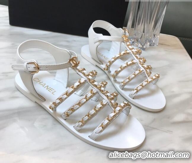 Charming Chanel Lambskin Strap Flat Sandals with Chain White 719121