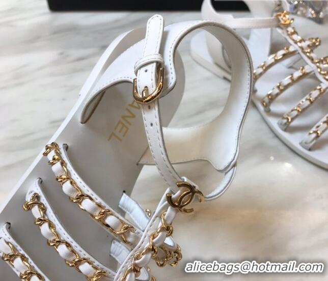 Charming Chanel Lambskin Strap Flat Sandals with Chain White 719121