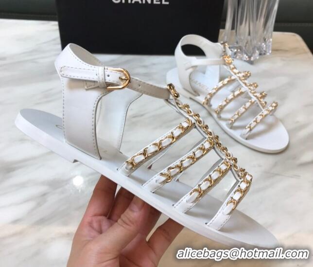 Charming Chanel Lambskin Strap Flat Sandals with Chain White 719121