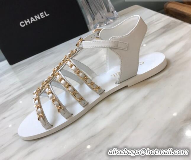 Charming Chanel Lambskin Strap Flat Sandals with Chain White 719121