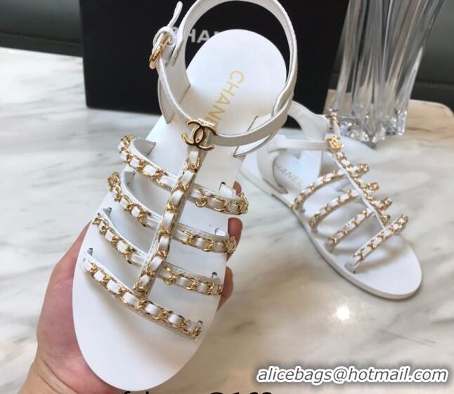 Charming Chanel Lambskin Strap Flat Sandals with Chain White 719121