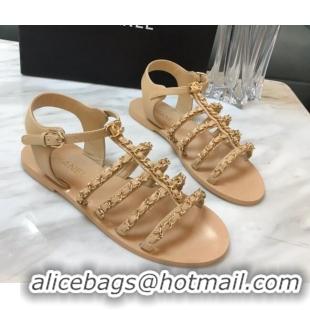 Perfect Chanel Lambskin Strap Flat Sandals with Chain Beige 719122